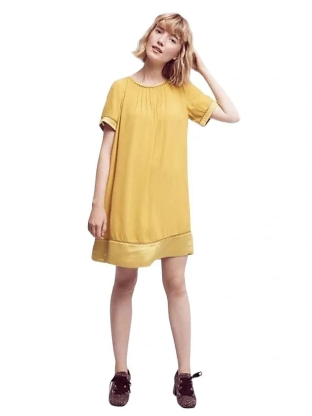 Anthropologie Maeve Verdet Gold Boho Shift Dress w/ Pockets